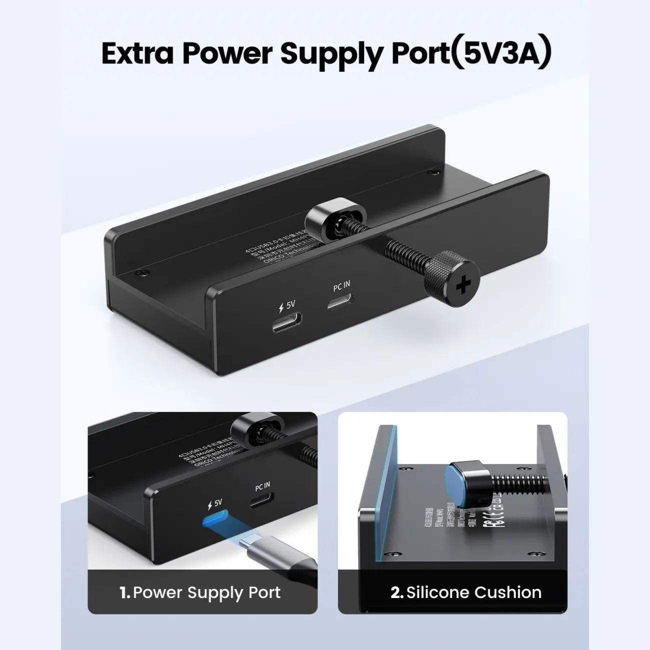 ORICO USB 3.0 Hub, Clamp USB Hub, Aluminum 4-Port USB Splitter with Extra Power Supply Port and 4.92 FT USB Data Cable, Desktop Powered USB Hub with 3 USB-A Data Ports, USB-C Port for Monitors/Desks-Mh4Pc
