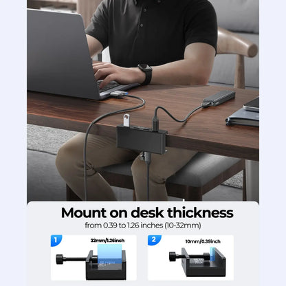 ORICO USB 3.0 Hub, Clamp USB Hub, Aluminum 4-Port USB Splitter with Extra Power Supply Port and 4.92 FT USB Data Cable, Desktop Powered USB Hub with 3 USB-A Data Ports, USB-C Port for Monitors/Desks-Mh4Pc