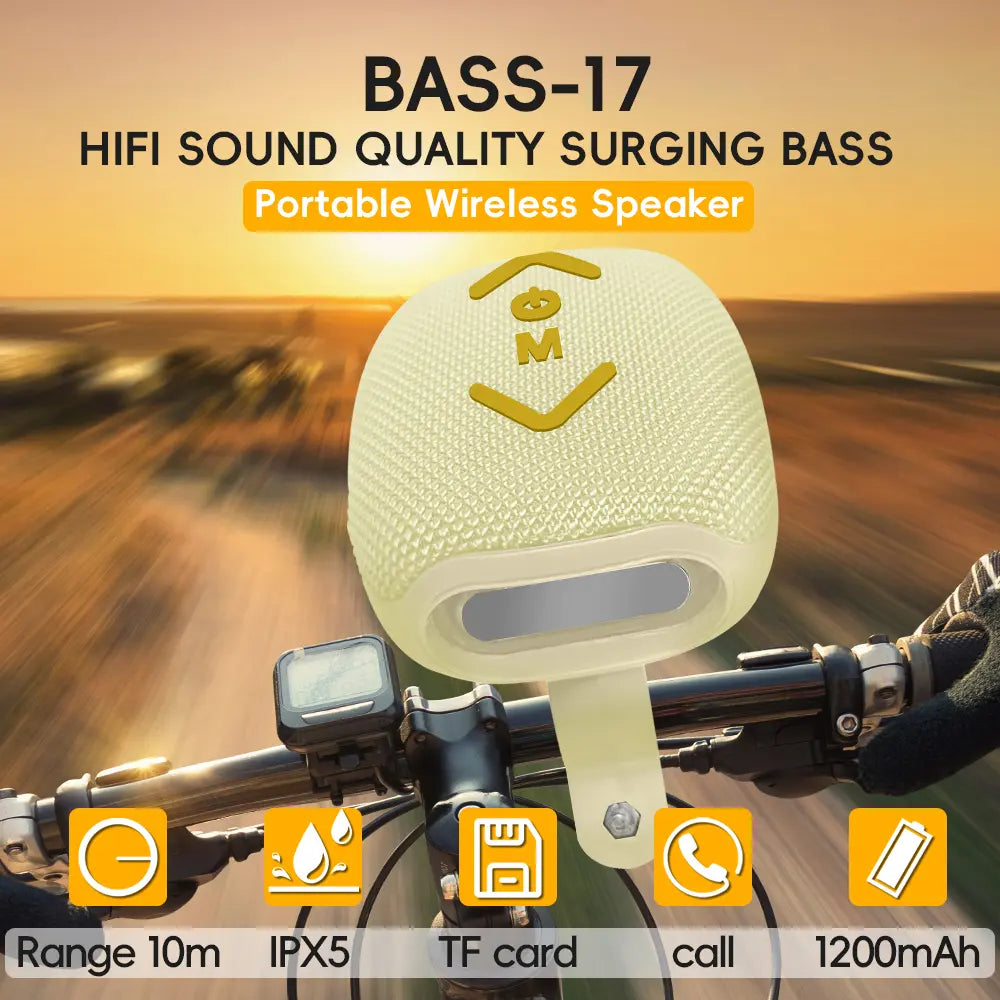 Bass-17 Wireless Cycling Speaker: 7W Stereo with Deep Bass to Boost Your Ride, 1200Mah for 10H Playback, IPX-5 Waterproof,Supports Bluetooth/Tf/Tws & Hands-Free Calls – Built for Motorcycles & Bikes, All-In-One Speaker with Subwoofer Power