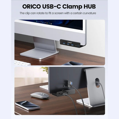 ORICO USB 3.0 Hub, Clamp USB Hub, Aluminum 4-Port USB Splitter with Extra Power Supply Port and 4.92 FT USB Data Cable, Desktop Powered USB Hub with 3 USB-A Data Ports, USB-C Port for Monitors/Desks-Mh4Pc