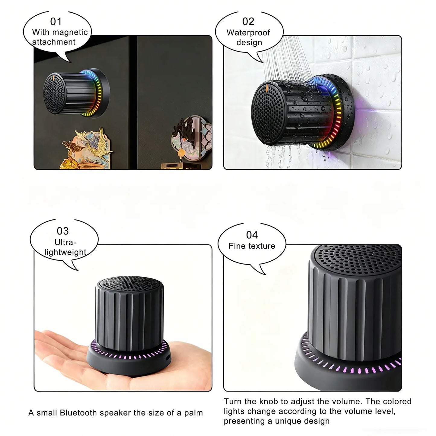 Lewinner Magnetic Bluetooth Speaker - IPX4 Water-Resistant Audio Device with TWS Pairing, RGB Rhythm Light, Rotary Knob Control, Rechargeable Bluetooth Receiver, Cable-Free Compact Portable Speaker for Bathroom, Outdoor Use, Bluetooth Receiver Speakers
