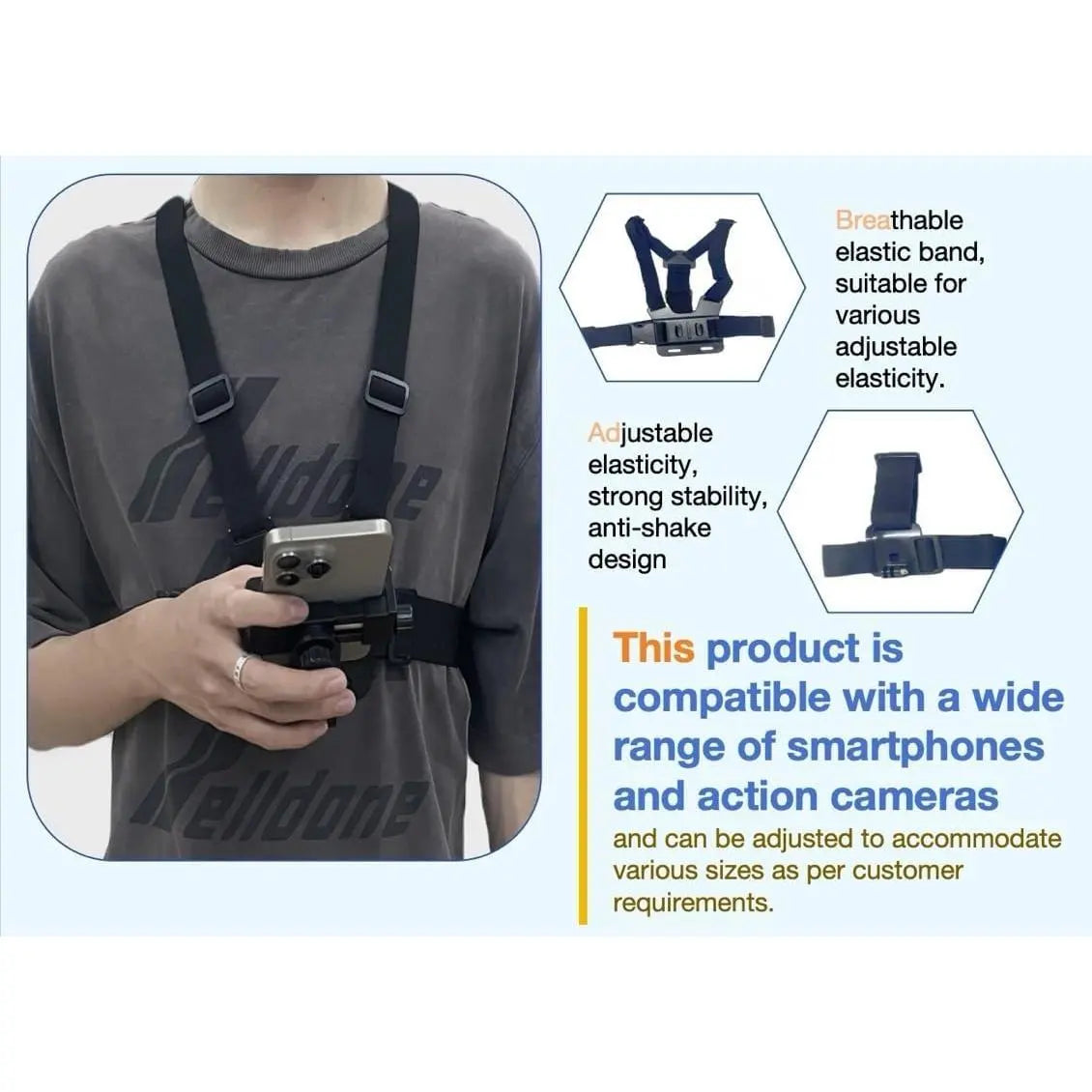 Mobile Phone Chest Mount Harness Strap Cell Phone Holder Mount for Video Recording Bike/Kayak/Fishing/Skateboard POV/VLOG for Iphone/Samsung for Gopro Hero 11 10 9 8/Insta360/Dji Action Camera, Black