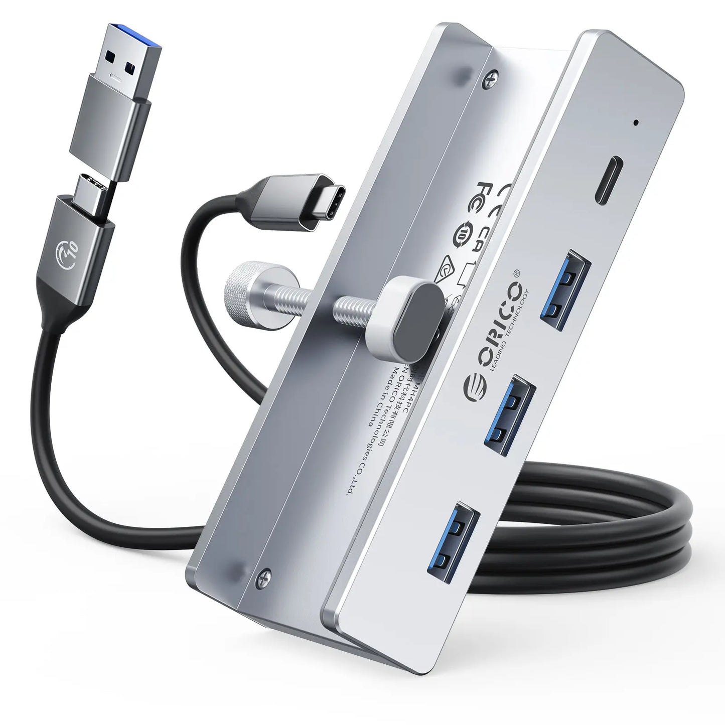 ORICO USB 3.0 Hub, Clamp USB Hub, Aluminum 4-Port USB Splitter with Extra Power Supply Port and 4.92 FT USB Data Cable, Desktop Powered USB Hub with 3 USB-A Data Ports, USB-C Port for Monitors/Desks-Mh4Pc