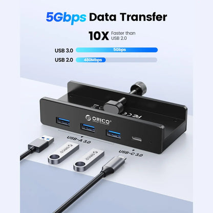 ORICO USB 3.0 Hub, Clamp USB Hub, Aluminum 4-Port USB Splitter with Extra Power Supply Port and 4.92 FT USB Data Cable, Desktop Powered USB Hub with 3 USB-A Data Ports, USB-C Port for Monitors/Desks-Mh4Pc