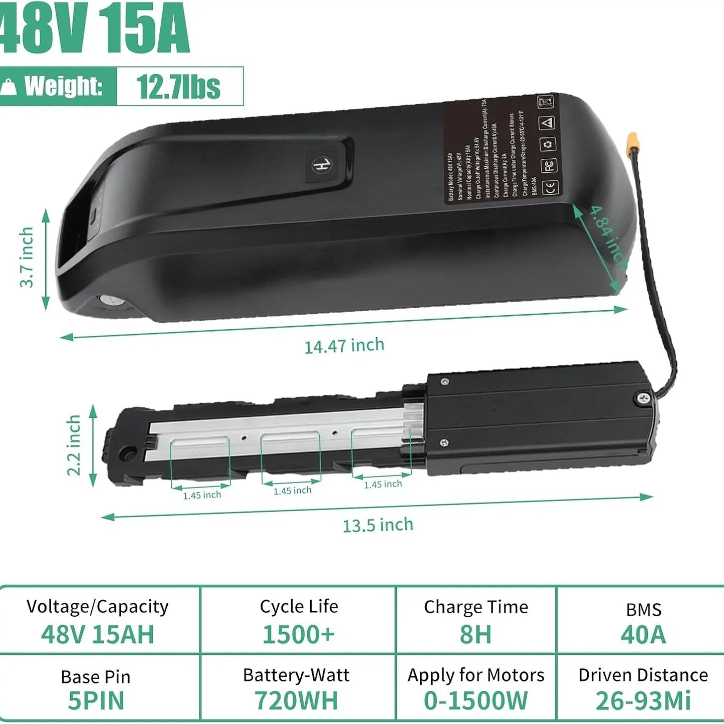 48V Ebike Battery 15Ah Lithium with 2A Fast Charger BMS USB Output Safe Lock LED Indicator for 0-1500W Bike Motor