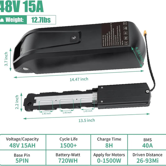 48V Ebike Battery 15Ah Lithium with 2A Fast Charger BMS USB Output Safe Lock LED Indicator for 0-1500W Bike Motor