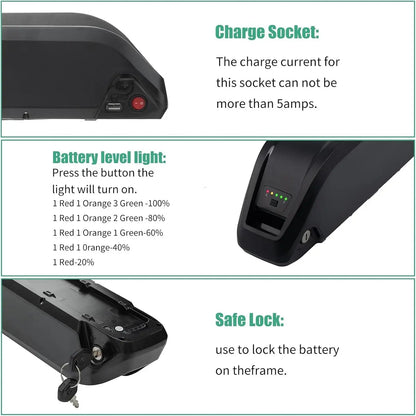 48V Ebike Battery 15Ah Lithium with 2A Fast Charger BMS USB Output Safe Lock LED Indicator for 0-1500W Bike Motor