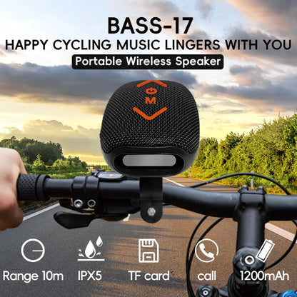 Bass-17 Wireless Cycling Speaker: 7W Stereo with Deep Bass to Boost Your Ride, 1200Mah for 10H Playback, IPX-5 Waterproof,Supports Bluetooth/Tf/Tws & Hands-Free Calls – Built for Motorcycles & Bikes, All-In-One Speaker with Subwoofer Power