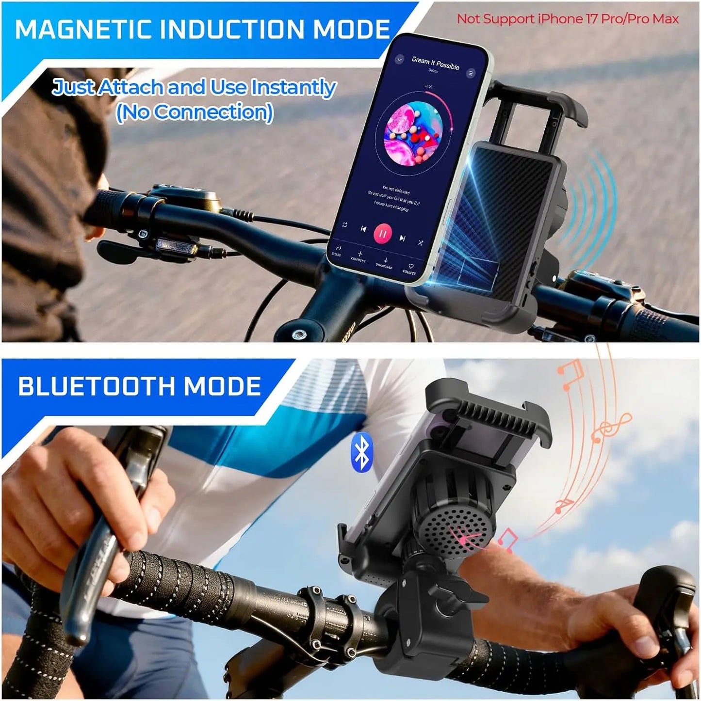 Bike Speaker with Phone Holder, Bluetooth Motorcycle Speakers with Phone Mount, Motorcycle Mount - Motorcycle Phone Holder with Bike Speaker,Handlebar Cell Phone Clamp for Iphone 16 15 14 13 12 Pro Max Plus,4.7 to 6.8" Phones, for Scooter, Motorcycle