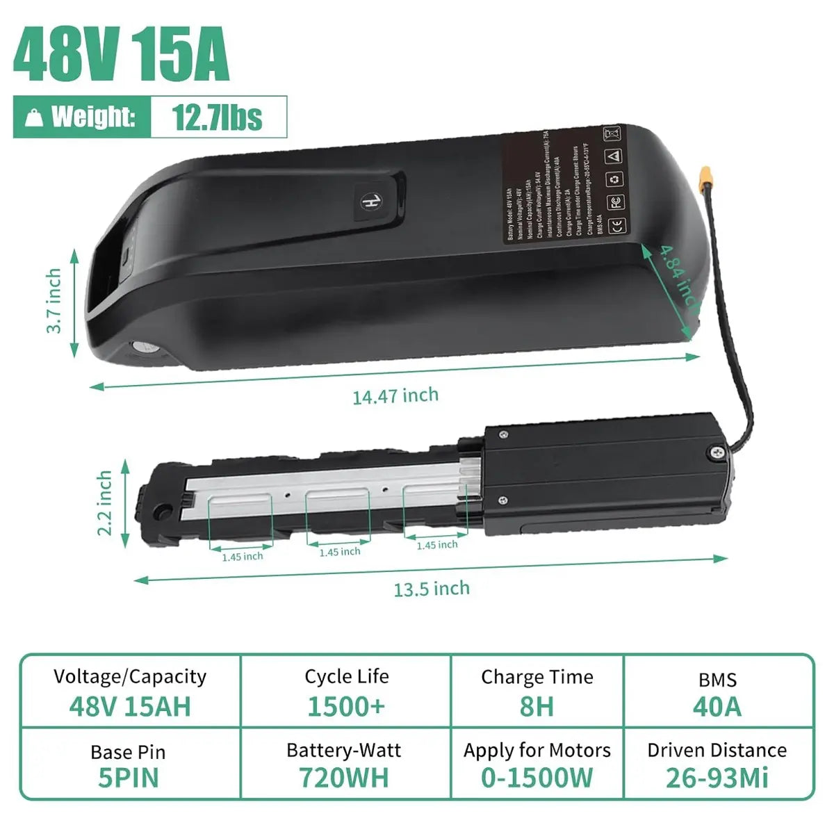 48V Ebike Battery 15Ah Lithium with 2A Fast Charger BMS USB Output Safe Lock LED Indicator for 0-1500W Bike Motor